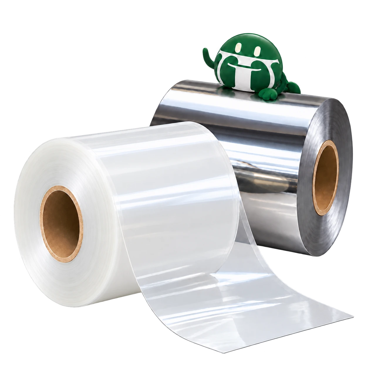 Meilin mascot waving from a metallized PET roll beside a clear PET roll